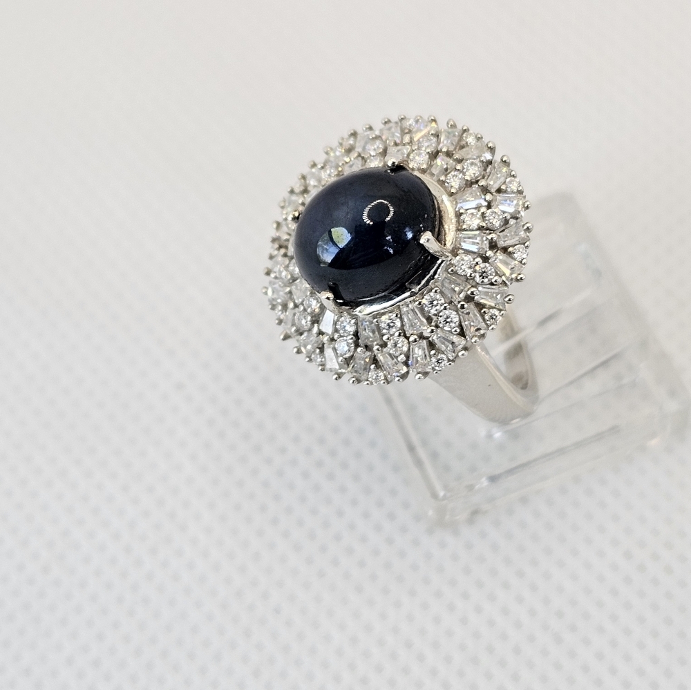 Genuine Blue Star Sapphire & Moissanite Ring Platinum Over Sterling Silver Sz 7! - Picture 10 of 11